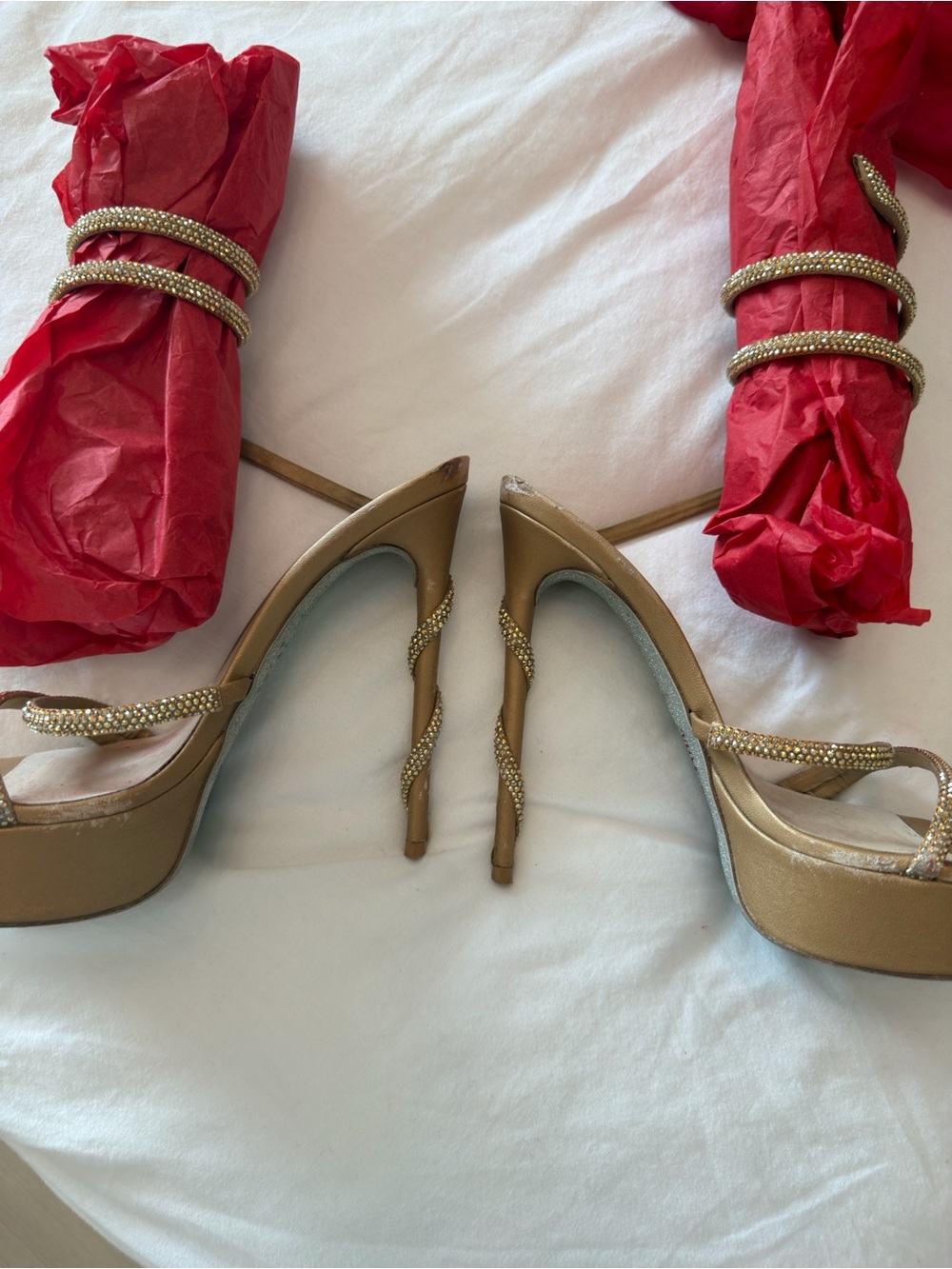 Rene Caovilla Gold Strappy Platform Heels - Women Shoes 6.5 - Picture 5 of 10